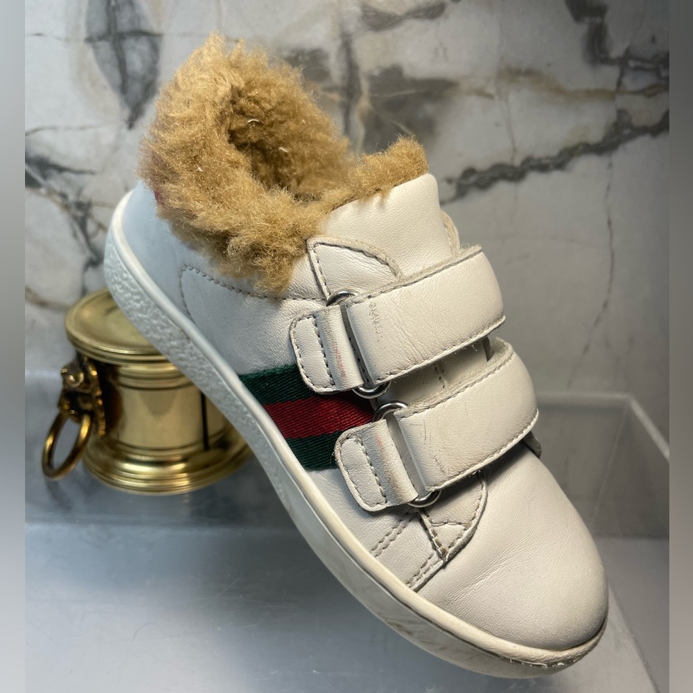 GUCCI Youth sz 14 INCHES 7 ace fur lined White leather snearker made in italy - Picture 8 of 16
